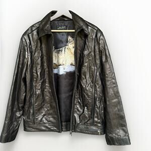 Jean Louis de Paris Leather Jacket Wolf Print Lining Women's Med Black VTG Y2K